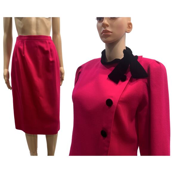 80s Albert Nipon Dark Pink Tailored Wool Skirt SuitW 26"